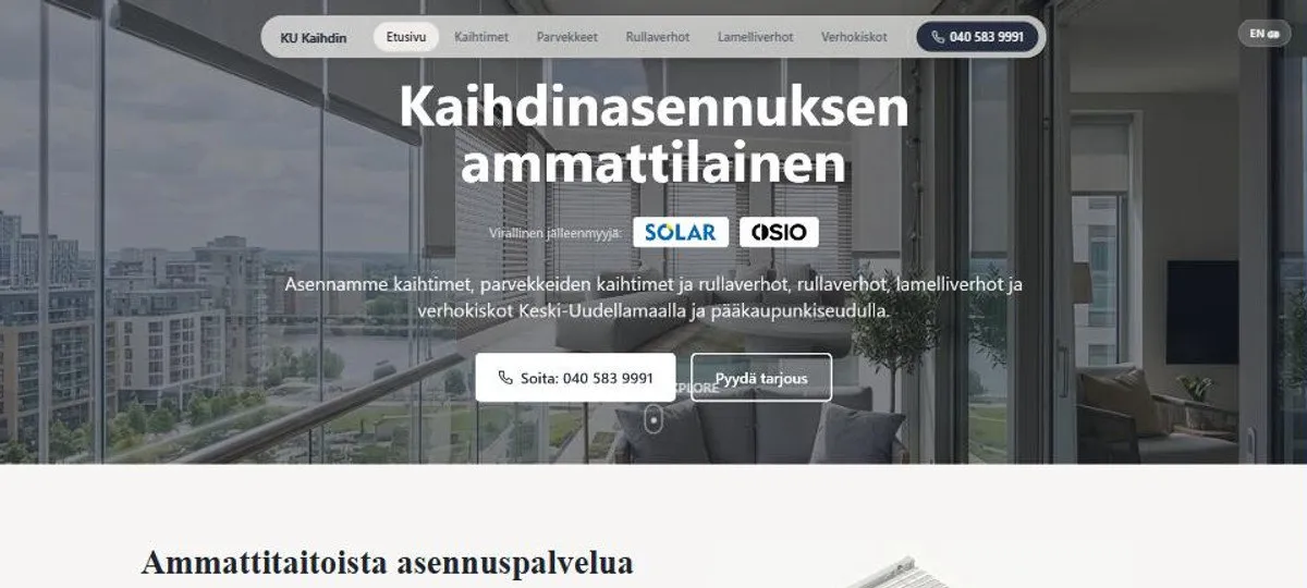 The Keski-Uudenmaan Kaihdin home page, a photograph of a glazed balcony behind the headline "Kaihdinasennuksen ammattilainen", with a phone number and a request-a-quote button.