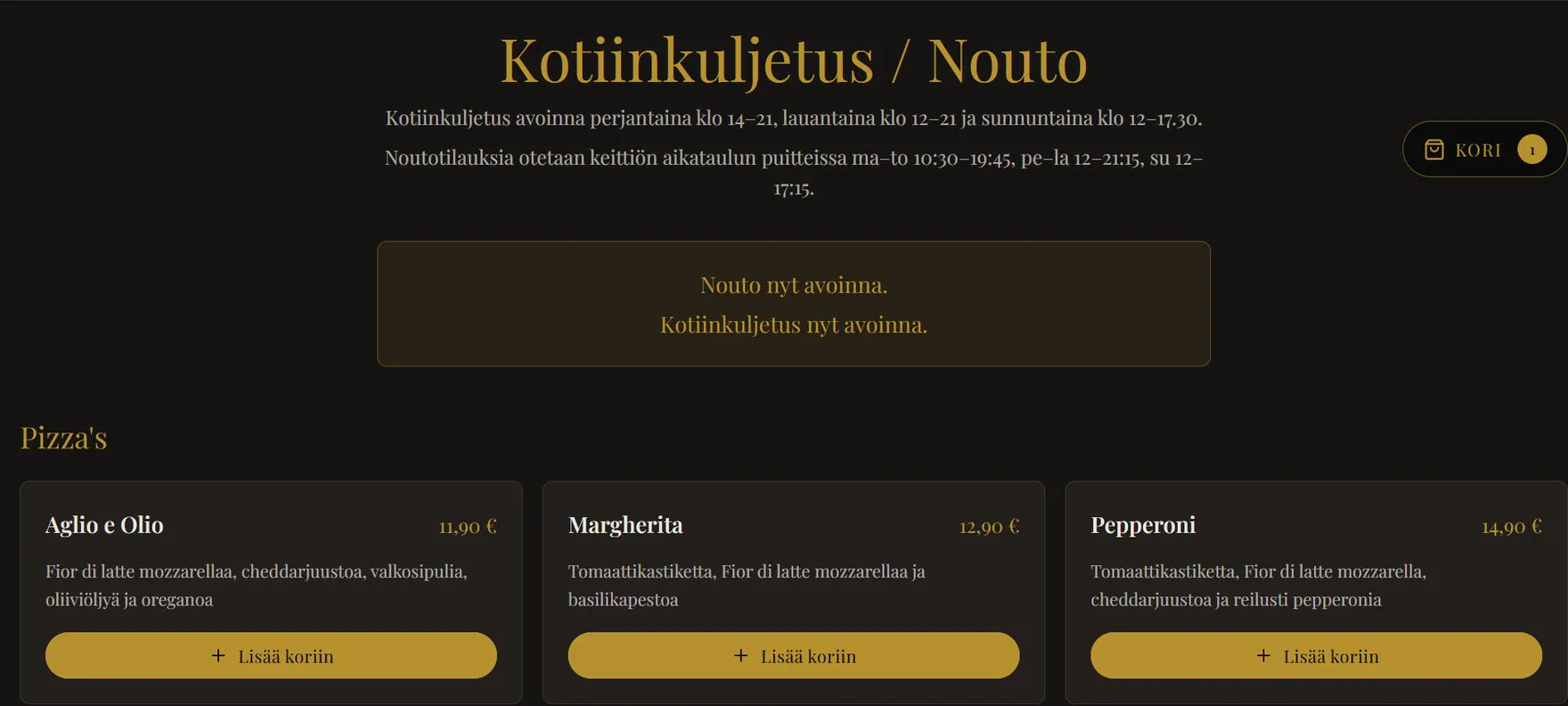 The Ratapässi home delivery and pickup page, a dark ordering screen listing pizzas with prices and an "add to basket" button under each, opening hours above and a basket counter in the corner.